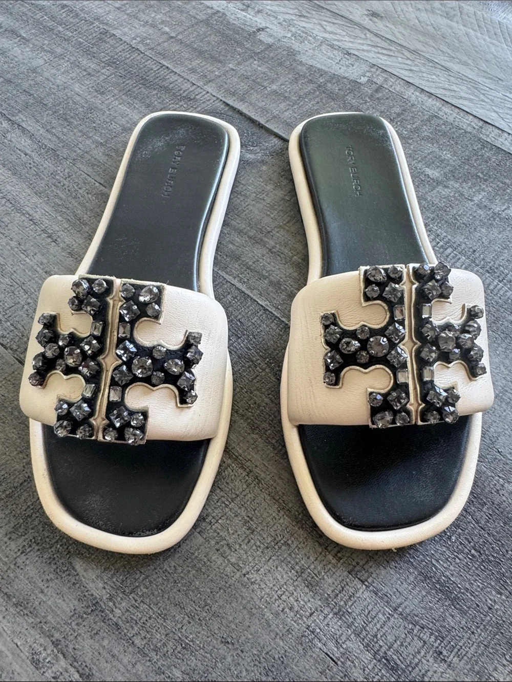 Tory Burch ivory Rhinestone embellished large crystals  Slide Sandals 8